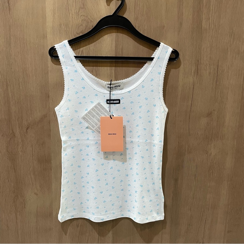 Miu Miu White Tank Top with Light Blue Micro Print - Picture 2 of 6